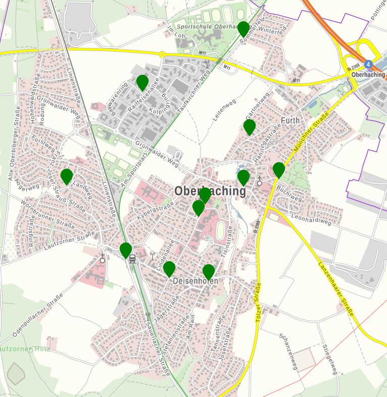 Karte der elf E-Ladestandorte in Oberhaching